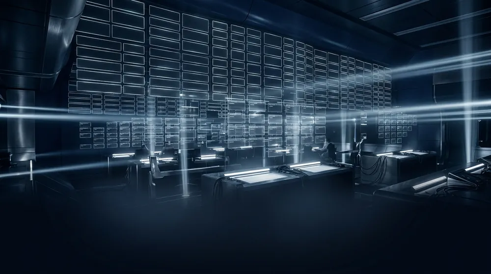 Danh bạ tên miền W88 – phòng điều khiển với bức tường biển chỉ dẫn phát sáng, tượng trưng cho danh sách tên miền